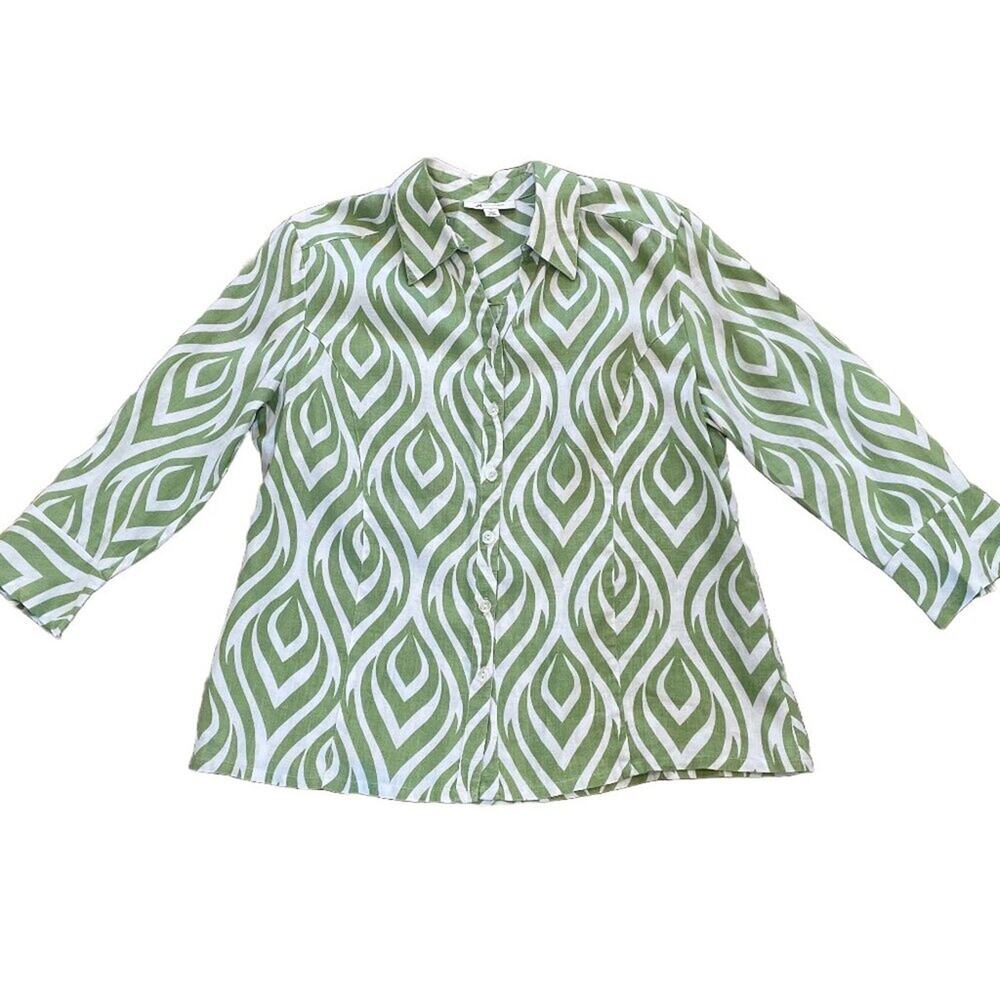 JM Collection Green White 100% Linen Allover Print  Button Down Shirt 14